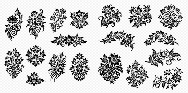 Set of intricate black floral design elements and decorative motifs, perfect for elegant graphic resources and vintage patterns.