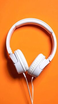 A pair of white headphones on a bright orange background
