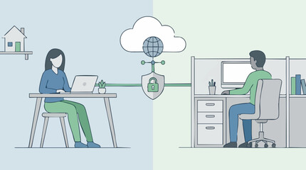 Fototapeta premium Secure Hybrid Work Model: Remote and Office Collaboration with Cloud