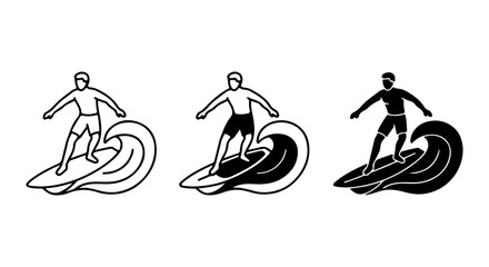 Obraz premium Surfer Icon Set, Ocean Wave Rider Graphics, Beach Sport Vector Collection, Summer Activity Symbols