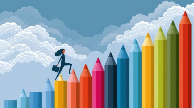 Business woman climbing colorful giant pencil steps as metaphor for career growth and professional success overcoming challenges in creative concept illustration
