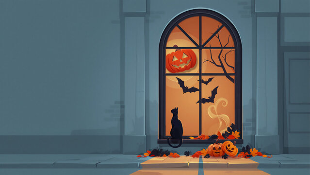 Premium Halloween storefront window display in vector poster style