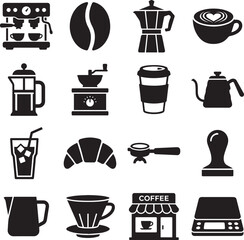Obraz premium Professional coffee and cafe beverage icons in solid black vector style for coffee shop menu and espresso machine branding and barista equipment