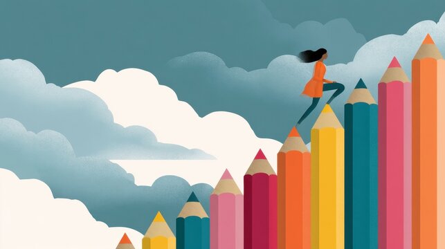 Woman climbing colorful large pencil steps representing growth and progress on a cloudy sky background with inspirational and motivational concept illustration