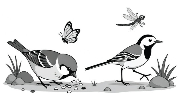 Stylized Sparrow Standing Next to Rocks and Grass - Vector Illustration