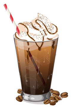 Iced coffee illustration in a tall tapered glass with whipped cream, chocolate drizzle, cocoa, striped straw and coffee beans, cold brew vector isolated