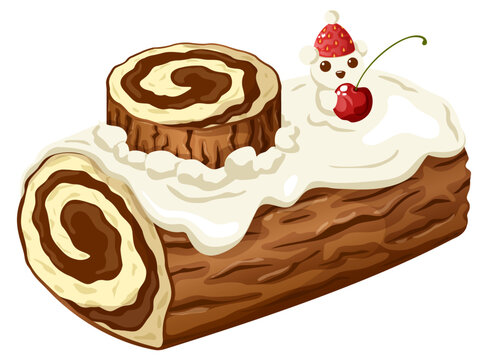 Kawaii Yule log cake illustration, Buche de Noel Christmas dessert in Swiss roll roulade style, with a cute bear mascot and cherry on top, festive holiday vector art isolated 