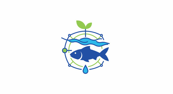 Sustainable aquaculture cycle with fish and plant icons.