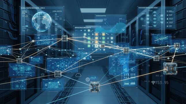 Abstract network connection visualization in server room data center with digital interface overlays showing global traffic monitoring infrastructure health cybersecurity analyt...