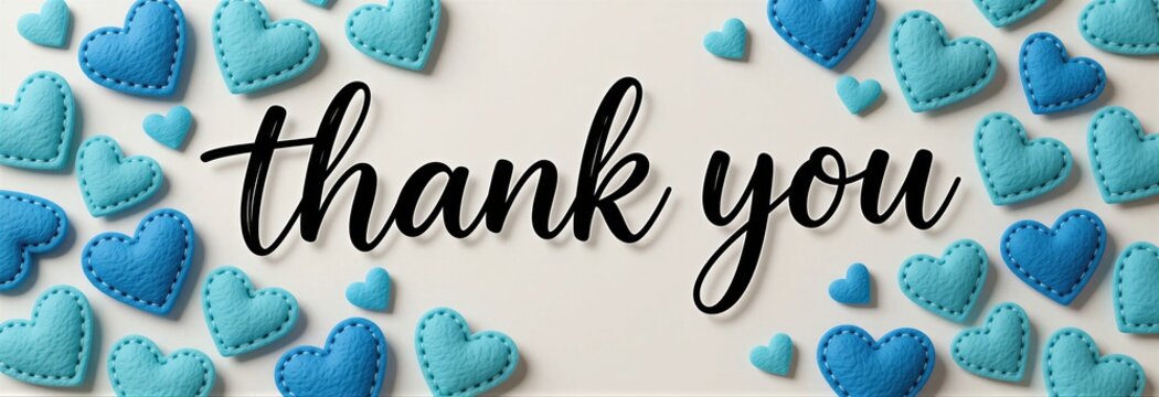 Thank card with black script text on white background surrounded by pastel blue hearts. Decorative message expresses gratitude, appreciation for loved ones. Minimalist design features cute leather