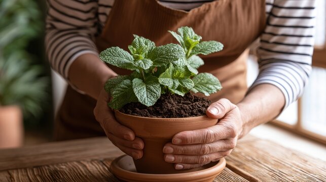 Person holding terracotta pot with fresh green mint plant and soil close up indoors natural light showing care for houseplant gardening hobby and growth
