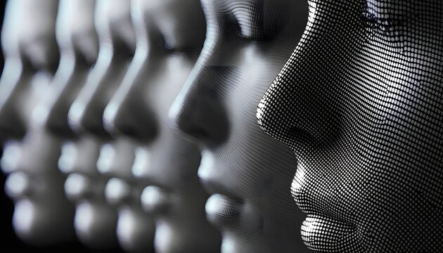 Wireframe mesh face looking sideways at smooth metallic heads. Human consciousness vs machine code concept. Digital avatar profile interacting with robotic replicas