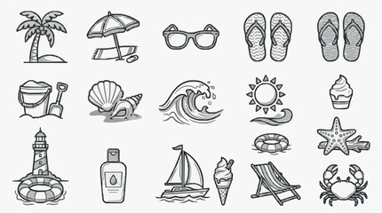 Obraz premium Minimalist Black and White Line Drawing Icons of Beach and Summer Vacation Essentials with high quality professional line art symbols for modern creative design and digital branding projects
