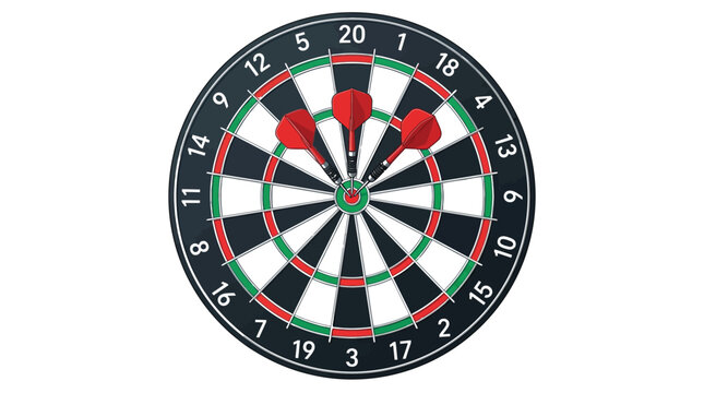 Detailed vector illustration of a circular dartboard featuring three red darts hitting the center bullseye