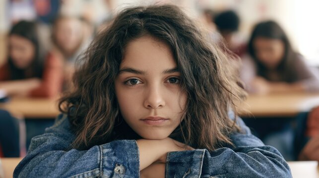 thoughtful young girl with curly hair wearing denim jacket sitting in classroom looking directly at camera with pensive expression while blurred students study in background