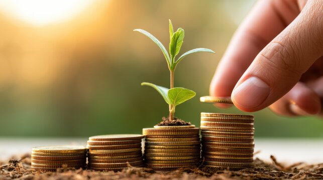 Hand placing gold coin on tallest stack of coins with green sprout growing from soil symbolizing investment growth and financial success in natural outdoor setting
