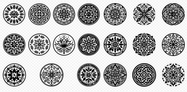 Set of black and white circular mandala patterns with intricate floral and geometric designs.