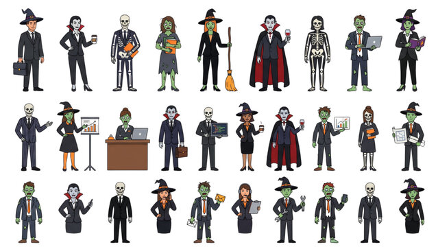 Halloween Office Costume Collection with Business Suits Styled as Witch Vampire Skeleton and Zombie Professional Outfits Vector Illustration
