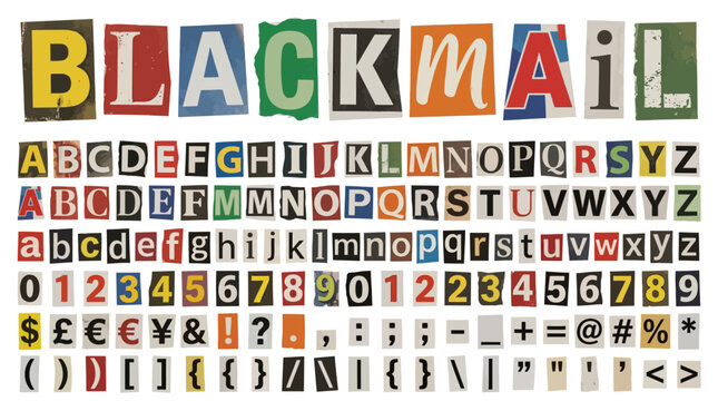 Colorful ransom note vector illustration featuring cut out magazine letters numbers and various punctuation marks