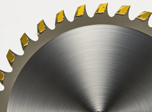 Closeup of industrial circular saw blade with carbide teeth. Steel rotary disc tool for cutting wood, metal in construction. Sharp hardware equipment for carpentry workshops, woodworking machinery
