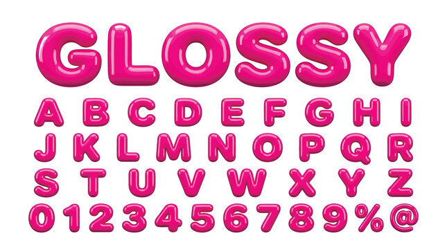 Vibrant pink glossy bubble letter vector illustration set including full alphabet and numeric character designs