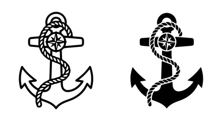 Fototapeta premium Nautical Anchor Icons, Marine Compass Symbols, Maritime Rope Designs, Vector Set