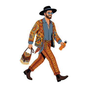 Stylish man walking in colorful patterned bohemian outfit with hat.