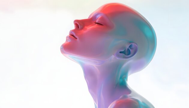 Iridescent glossy female android profile. Artificial intelligence and digital human evolution. Futuristic metallic humanoid head tilting upward against bright backdrop