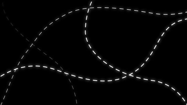 Black dashed loopy travel path animation, animated dotted line with loops, organic map route motion graphic, whimsical destination trail, creative journey path on white background. 4k
