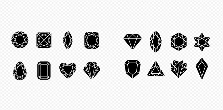 Set of various diamond and gemstone shapes in black silhouette icons, perfect for jewelry and luxury design elements.