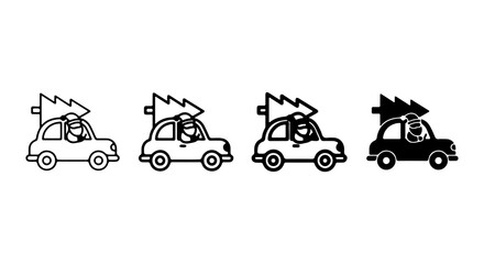Fototapeta premium Christmas Tree Car Icons, Festive Holiday Travel Vector Set, Winter Season Transport Graphics