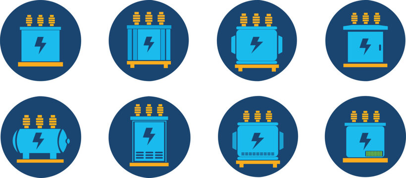 Electrical Transformer Icon Set for Power Grid and Energy Infrastructure