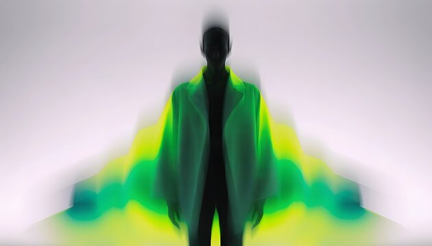 Shadowy figure standing in an oversized green and yellow layered tech coat. Motion blur and virtual identity concepts. Dark silhouette profile posing with bright energy trails backdrop