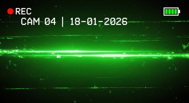 Green Night Vision CCTV Security Camera Interface with Glitch Effect and Digital Noise Background