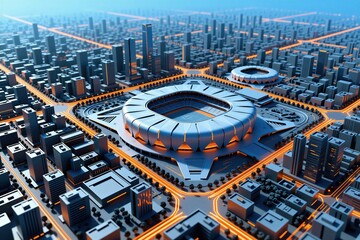 Fototapeta premium Aerial view of modern stadium in center of glowing city. Futuristic arena surrounded by high buildings with light lines on streets. Urban architecture plan for sports competition events. Smart town