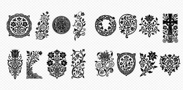 Set of Vintage Floral Ornaments and Decorative Elements in Black and White.