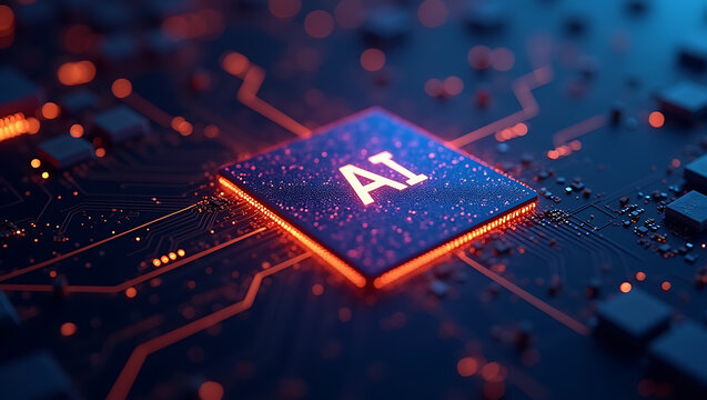 Ai Microchip On Circuit Board Futuristic Technology Render With Orange Glow chip artificial intelligence microprocessor