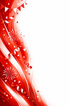 Vertical Red and White Celebration Background with Fireworks and Copy Space