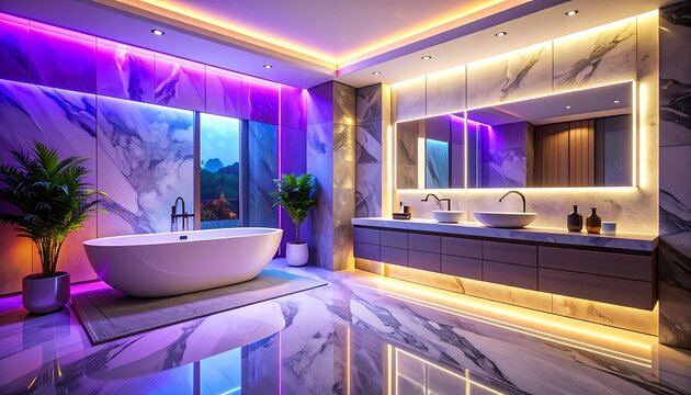 Modern bathroom interior with purple lighting.