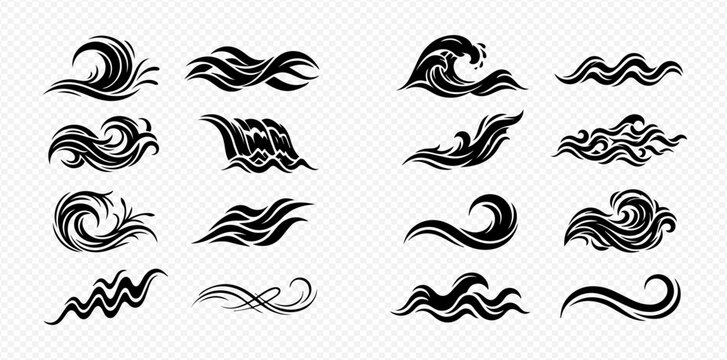 Set of black hand-drawn wave icons, isolated on transparent background, representing ocean, sea, or water movement.