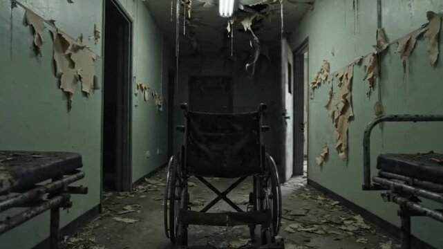 Slow pan across a decaying hospital hallway with abandoned gurneys and wheelchairs peeling paint and debris littering the floor