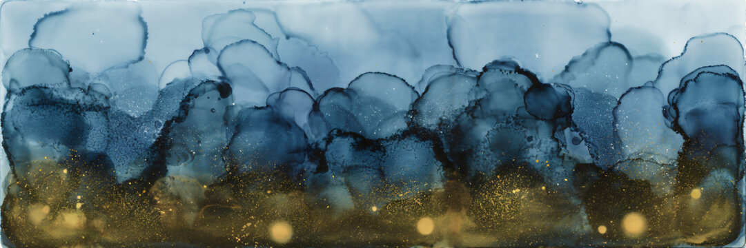 Abstract alcohol ink painting with flowing blue clouds and golden glitter particles, horizontal composition with soft ink wash textures and gold