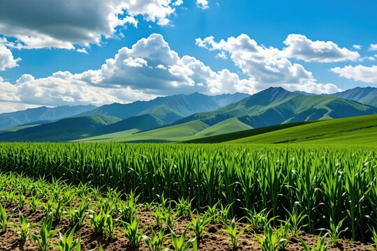 Vibrant corn field grows under sunny blue sky with fluffy white clouds. Majestic green mountains rise in background of agricultural landscape. Rural farmland scenery features fresh plants, earth soil