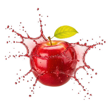 A vibrant red apple with a green leaf exploding with splashes of juice and seeds.