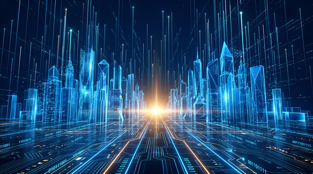 Abstract futuristic digital city with glowing data lines and circuit board ground. Cyber punk smart city wireframe conceptualizing big data, AI, and cloud computing.