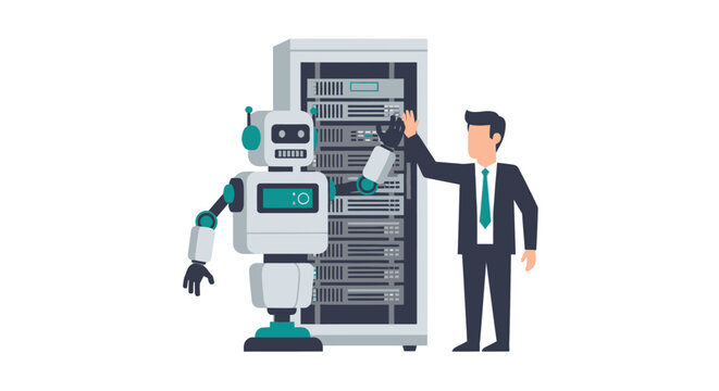 Artificial Intelligence and Human Collaboration Concept: Robot and Businessman High-Five in Data Center Server Room Vector Illustration
