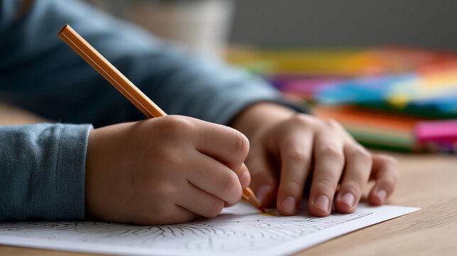 Child's hands holding a pencil. Carefully coloring a detailed pattern on a white sheet of paper on a wooden table. Emphasizing focus. Learning