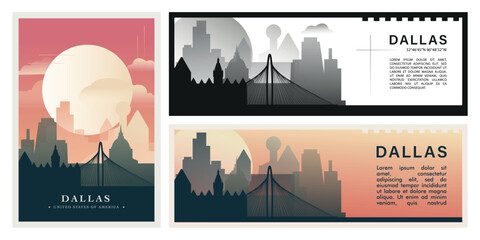 Dallas skyline illustration set with iconic landmarks. Brutalism USA, Texas city cityscape design pack for travel banners, tourism posters, and urban architecture concepts, social media, websites © Anastasiia