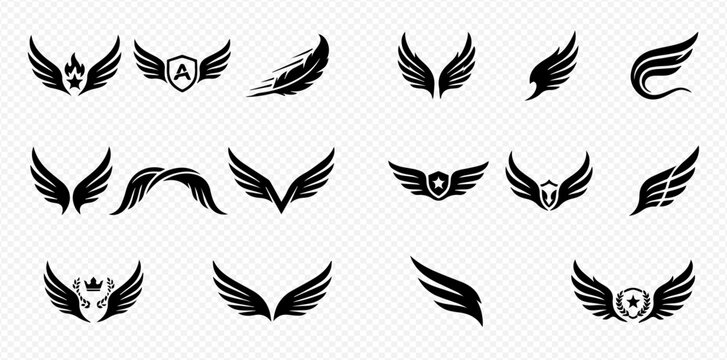 Set of various black wing icons and emblems, including angel, bird, and eagle designs, isolated on a transparent background.
