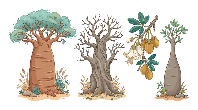 Detailed botanical illustration set of African baobab trees and fruit